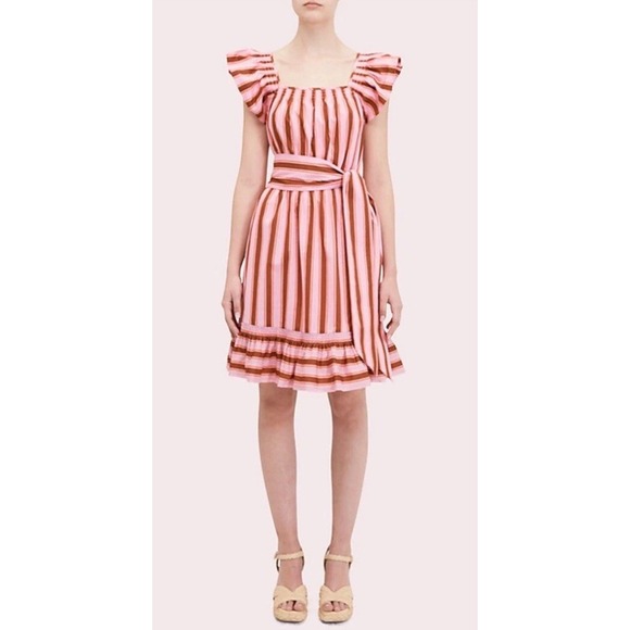 NWOT $298 Kate Spade Calais Pink Stripe Ruffle Flutter Dress Women's M - Picture 5 of 13